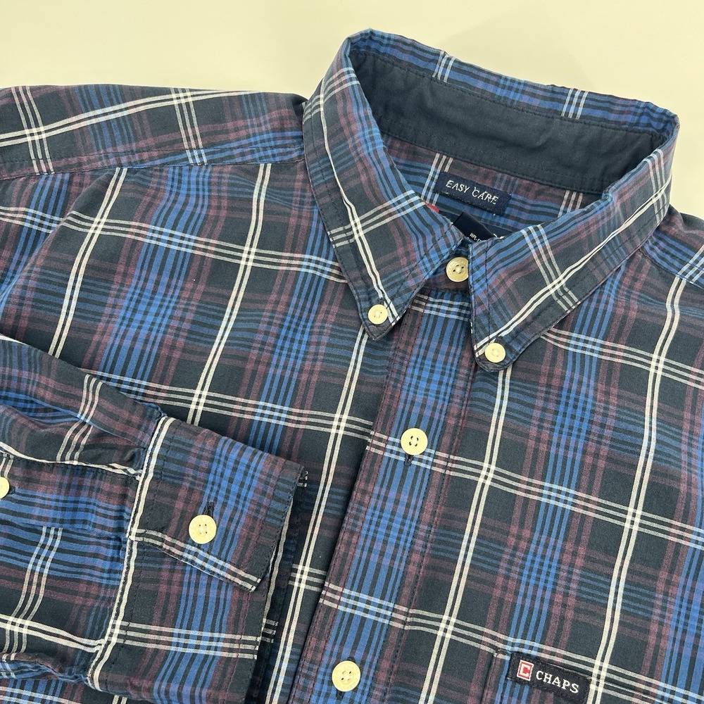 CHAPS Easy Care Button Down Shirt Men's Medium Long Sleeve Blue Plaid